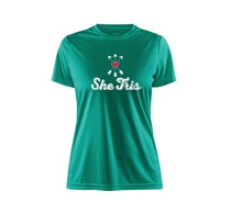 Load image into Gallery viewer, She Tris branded CRAFT Tech Tee in Classic Green with MANTRAS!
